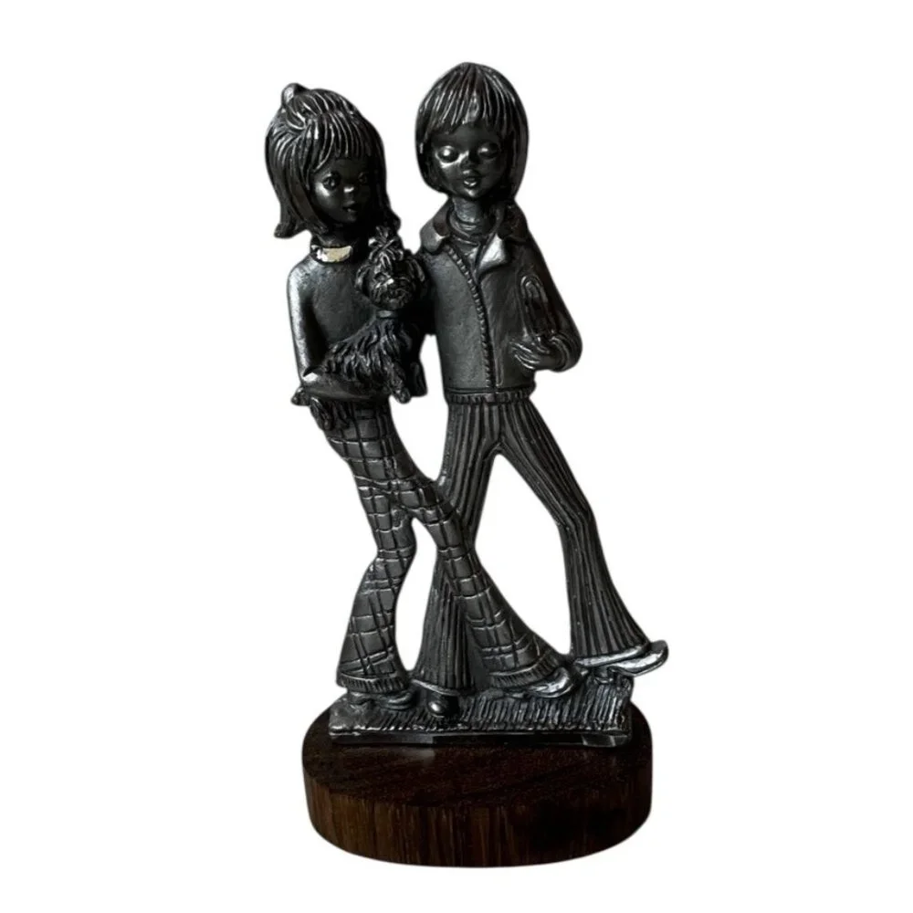 Peltro Cessallato Pewter Sculpture Boy Girl With Dog On Wooden Base 5" T - Picture 2 of 9